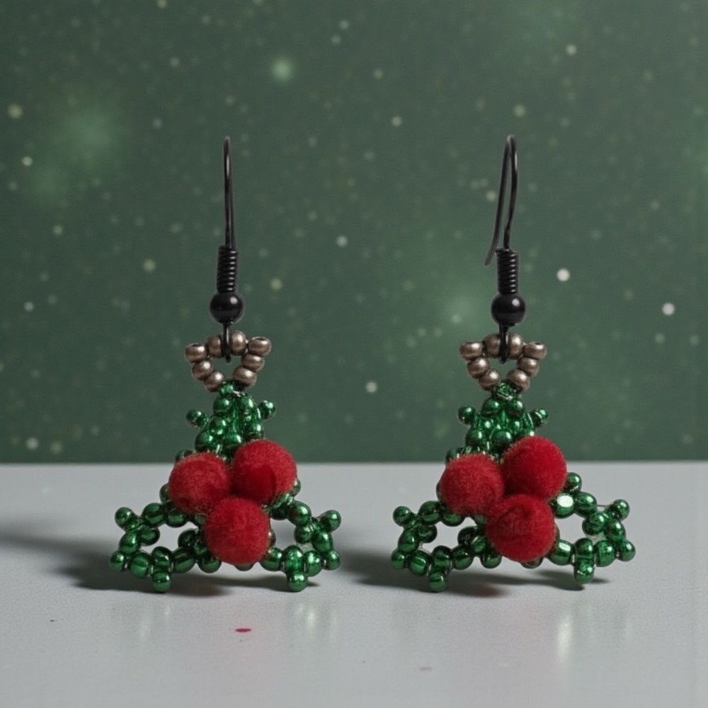 Elegant Handmade Red and Green Beaded Holly Earrings